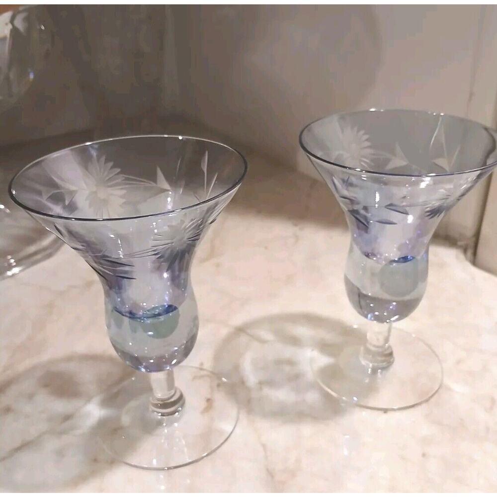 Murano Etched Cocktail Cordial Glasses 5" BLUE Barware Hand‎ Blown Floral Italy